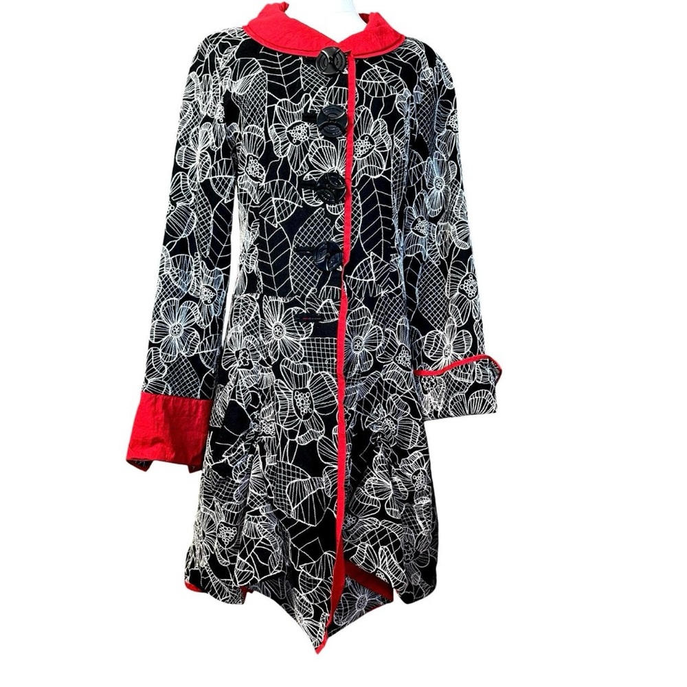An Ren New York Black and Red Floral Linen Dress/ Trench Coat
